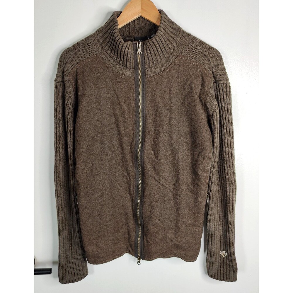 Kuhl Womens Large Full Zip Merino Wool Acrylic Brown Sweater Jacket Logo